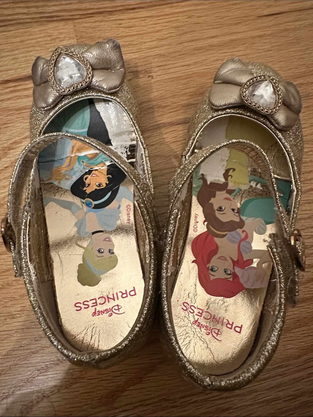 Disney Gold Glitter Princess Mary Jane Shoes with Heart Gem